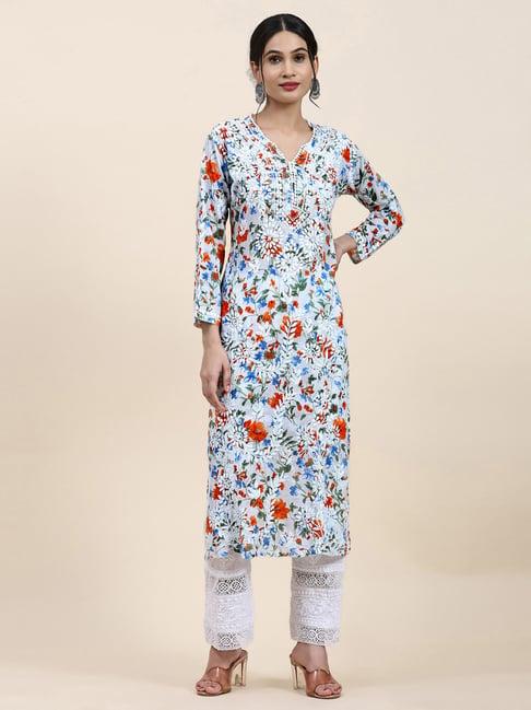 house of kari samma chikankari long kurta in mul cotton for women - blue with orange flower