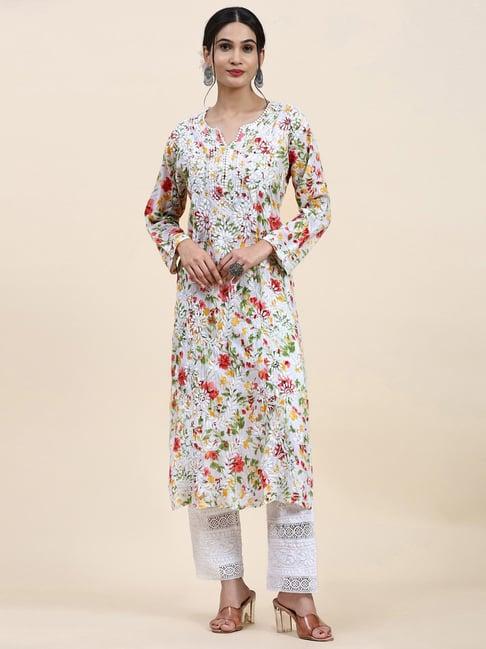 house of kari samma chikankari long kurta in mul cotton for women - pink with green flower