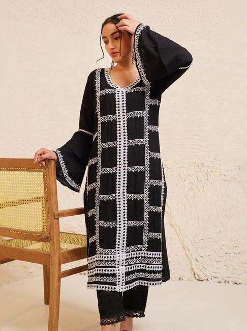 house of kari samma chikankari long kurta in rayon cotton for women- black with white