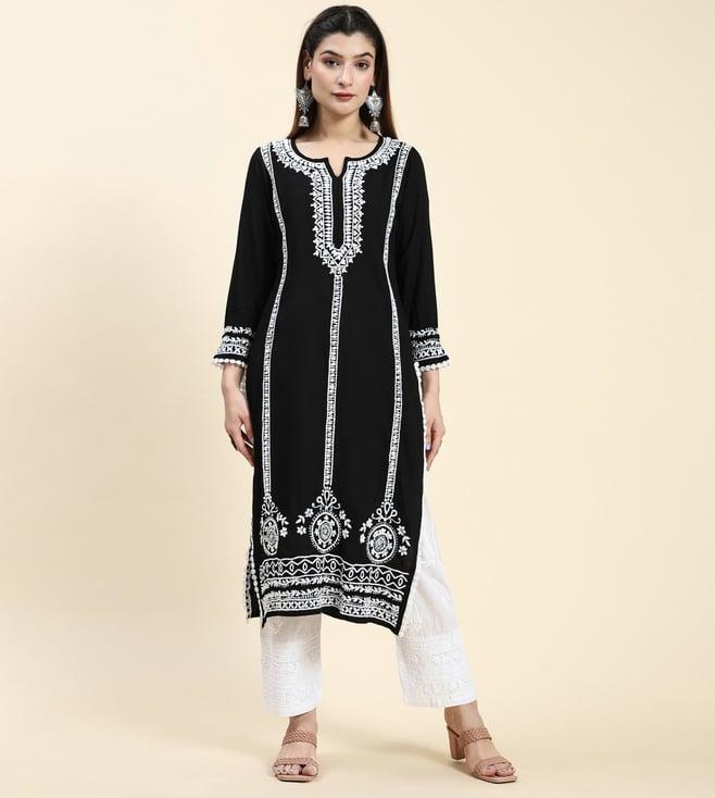 house of kari samma chikankari long kurta in rayon cotton for women- black with white