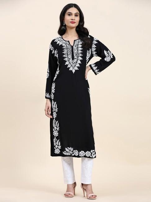 house of kari samma chikankari long kurta in rayon cotton for women- black