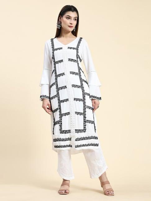 house of kari samma chikankari long kurta in rayon cotton for women- white with black