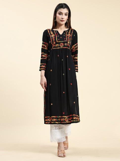 house of kari samma chikankari long kurta in rayon cotton for women-black with multi work