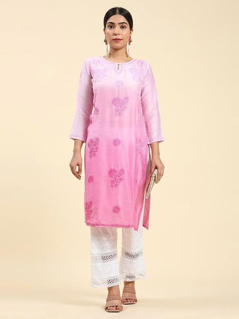 house of kari samma chikankari long kurta notch neck in chanderi silk for women - pink