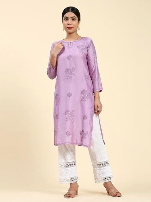 house of kari samma chikankari long kurta notch neck in chanderi silk for women - purple