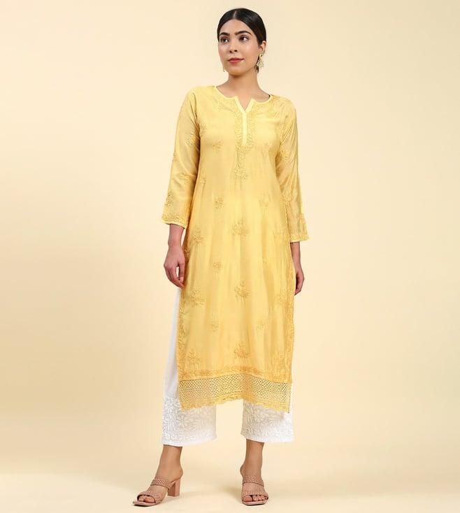 house of kari samma chikankari long kurta notch neck in chanderi silk for women - yellow