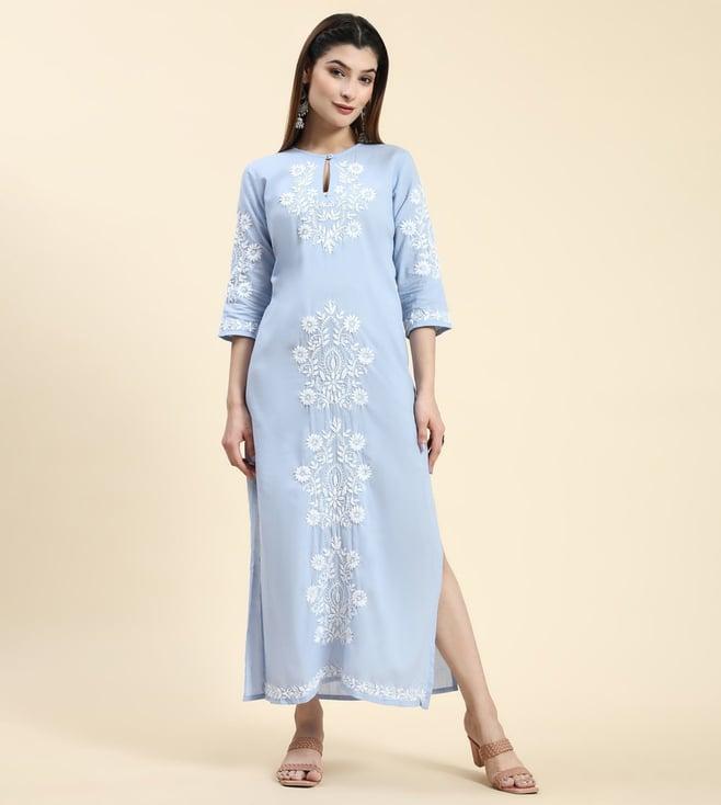 house of kari samma chikankari long kurti in cotton for women- blue with white