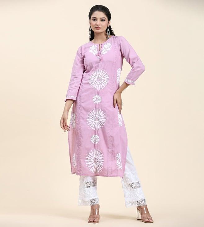 house of kari samma chikankari long kurti in cotton for women- lavender