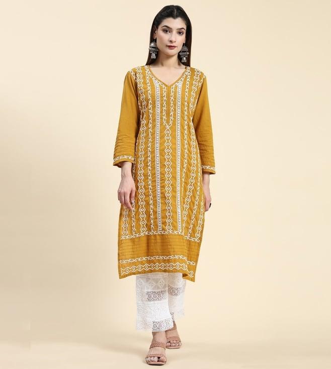 house of kari samma chikankari long kurti in cotton for women- mustard