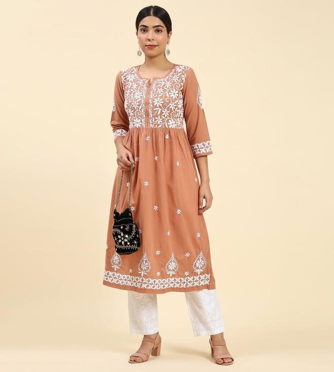 house of kari samma chikankari long kurti in cotton for women- orange