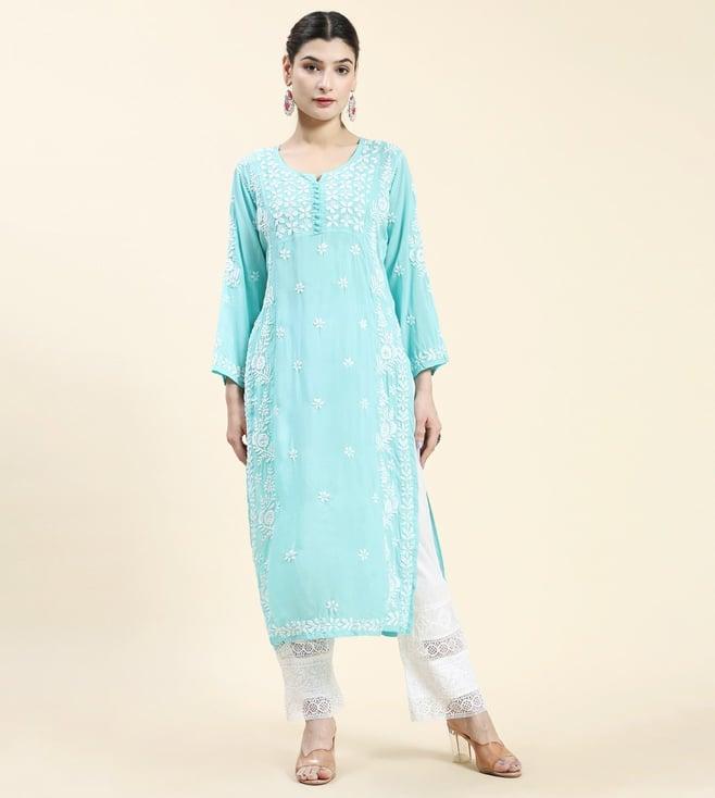 house of kari samma chikankari long kurti in cotton for women- sea green