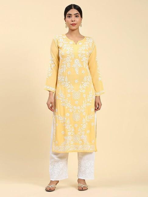 house of kari samma chikankari long kurti in modal cotton for women- yellow