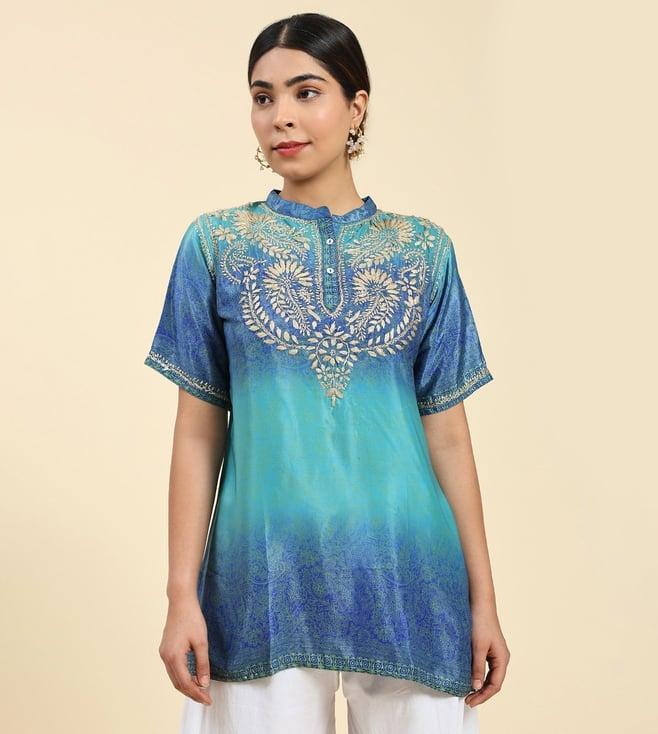 house of kari samma chikankari short tunic in polysik for women halfsleeve - multiblue