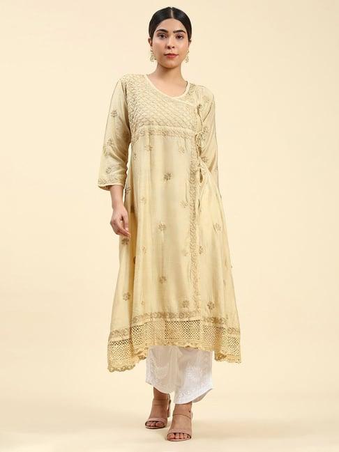 house of kari simran in chikankari angrakha long kurta in chanderi silk for women - green