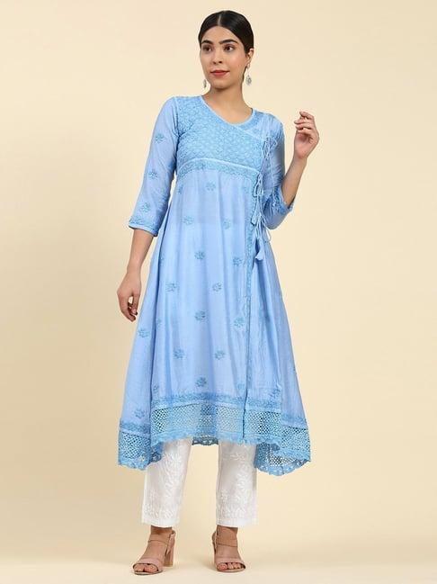 house of kari simran in chikankari angrakha long kurta in chanderi silk for women - green