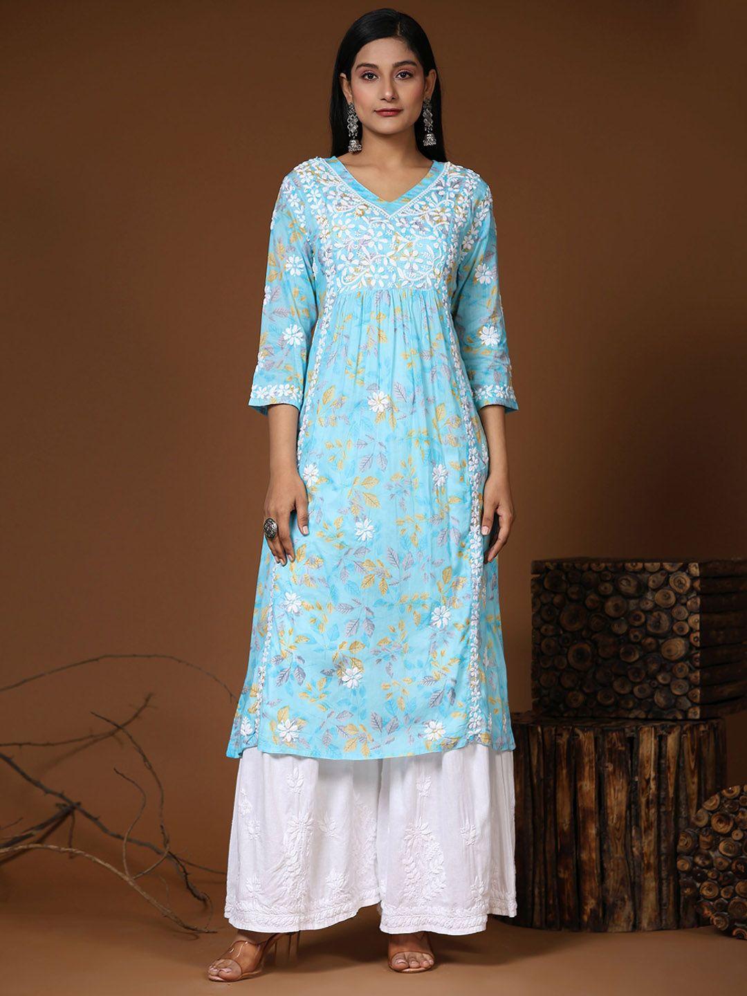 house of kari v-neck floral printed chikankari pleated a-line pure cotton kurta