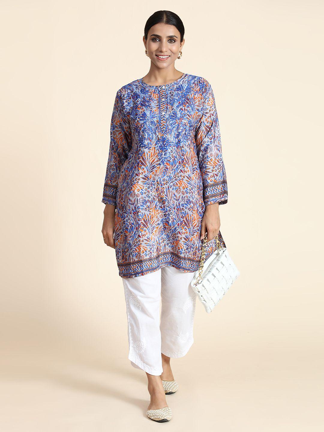 house of kari women blue & orange floral printed chikankari floral kurta