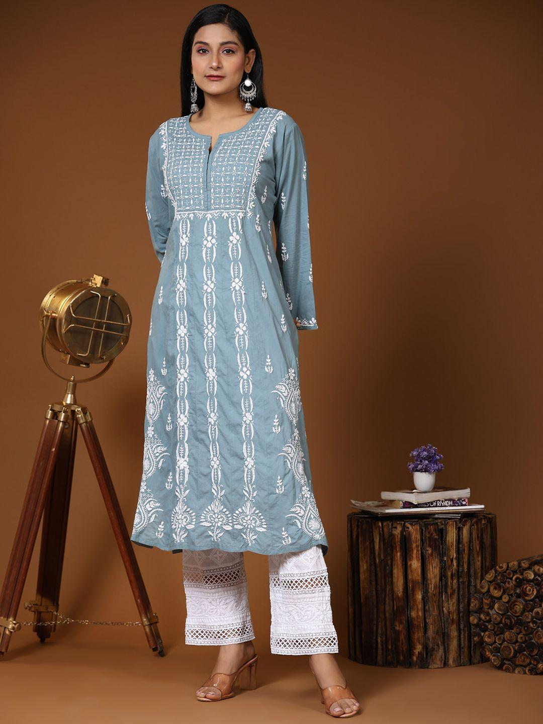 house of kari women blue ethnic motifs printed flared sleeves thread work kurta