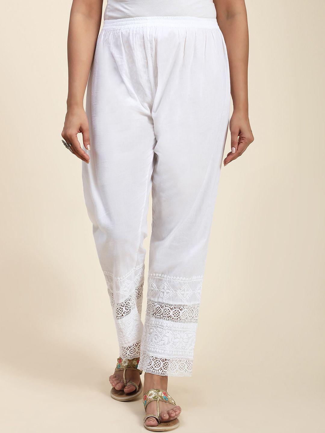 house of kari women chikankari embroidered comfort cotton straight fit trousers