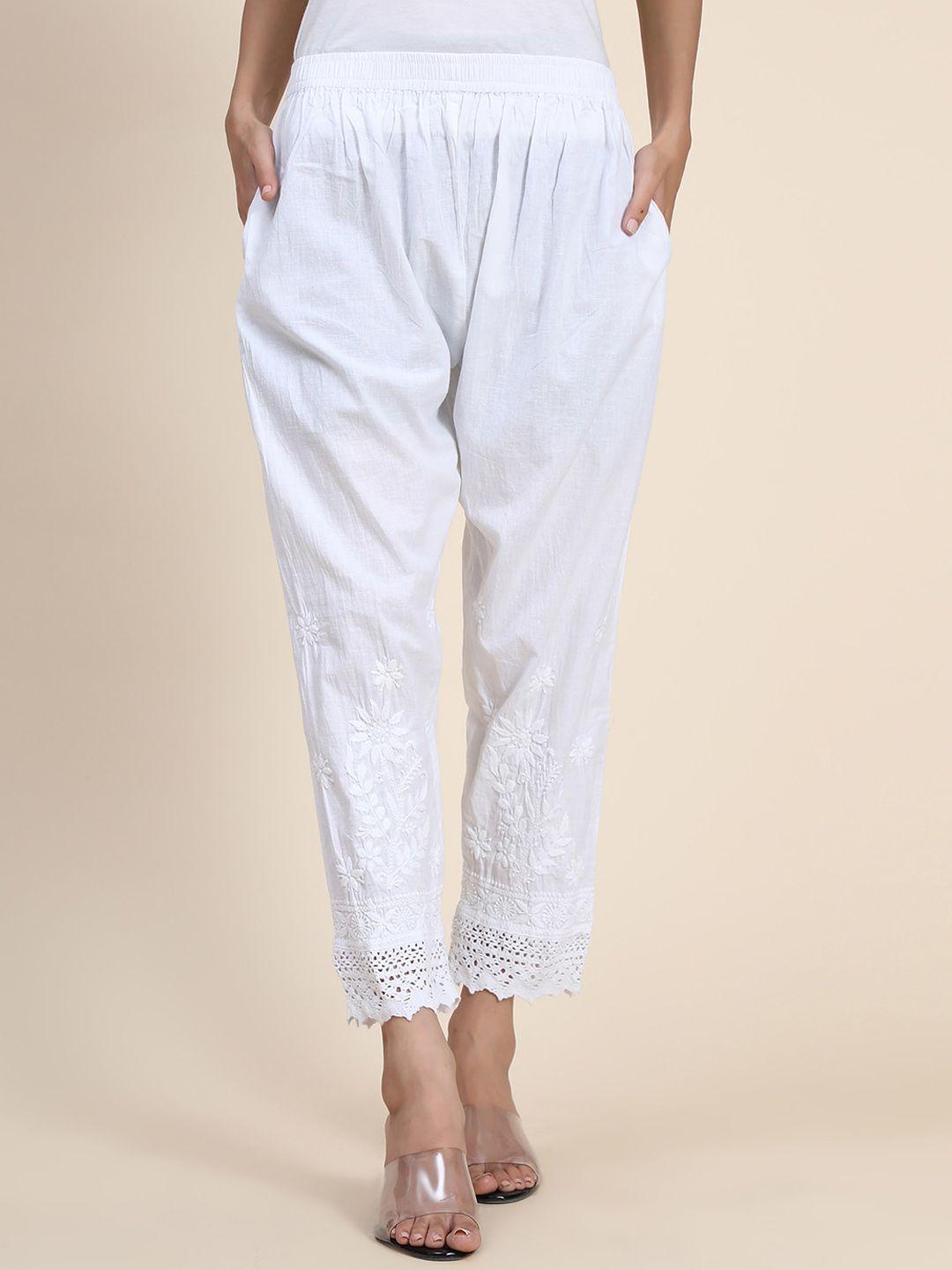 house of kari women comfort straight fit pleated with thread work cotton peg trousers