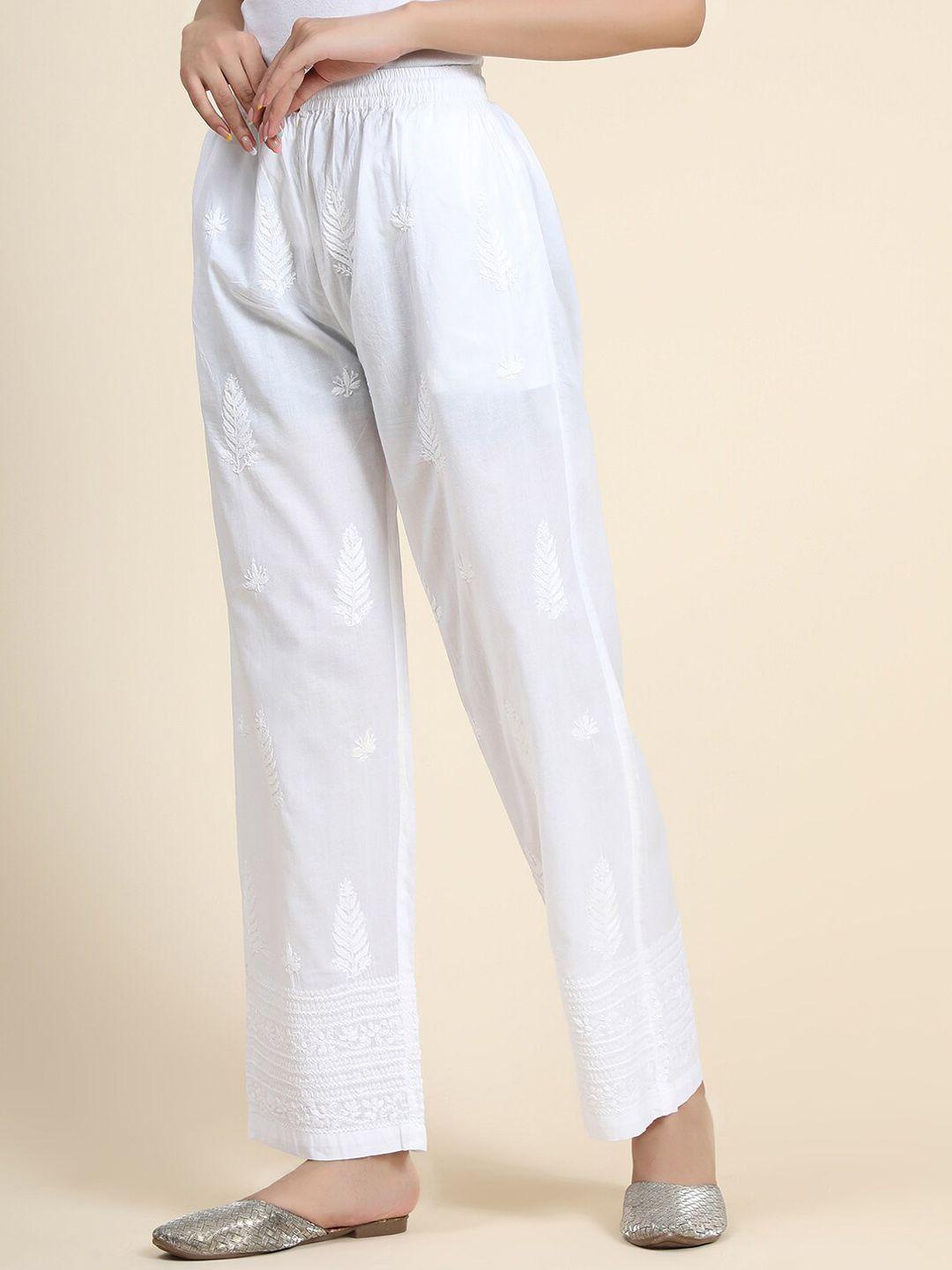 house of kari women comfort tapered fit pleated with thread work cotton trousers