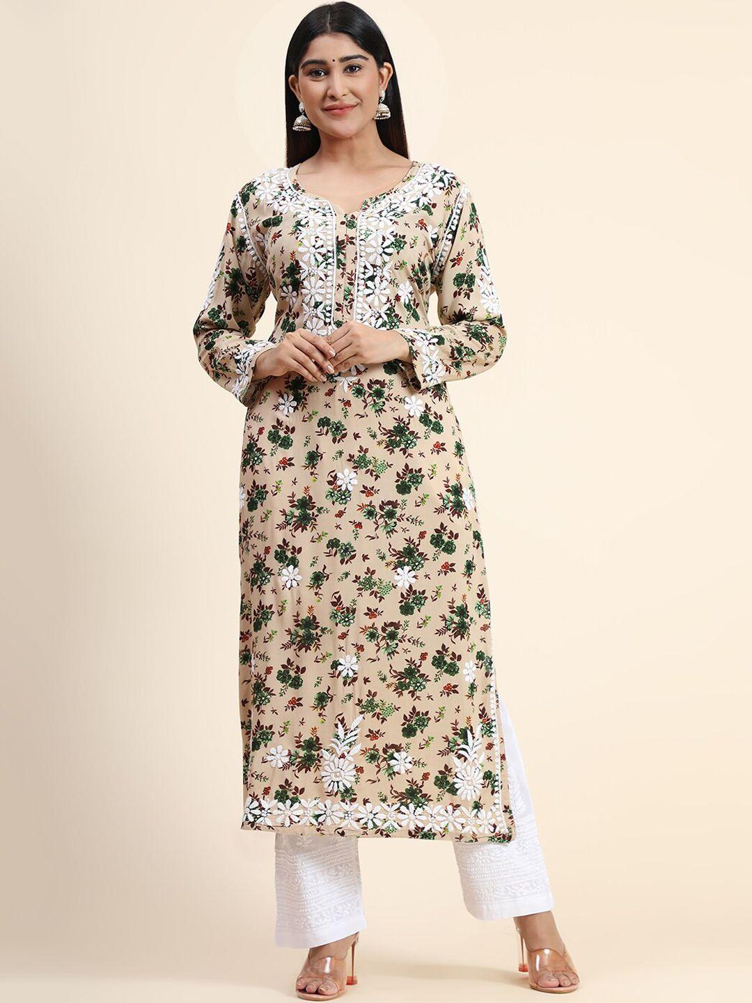 house of kari women cream-coloured & green floral printed thread work kurta