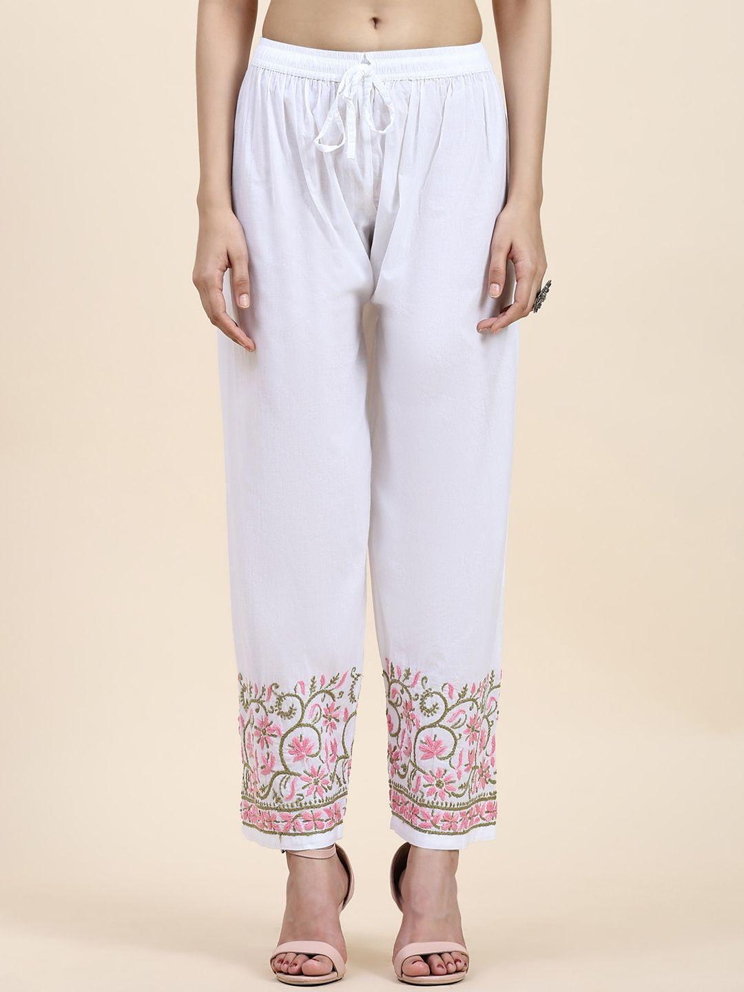house of kari women ethnic motifs embroidered chikankari cotton trousers
