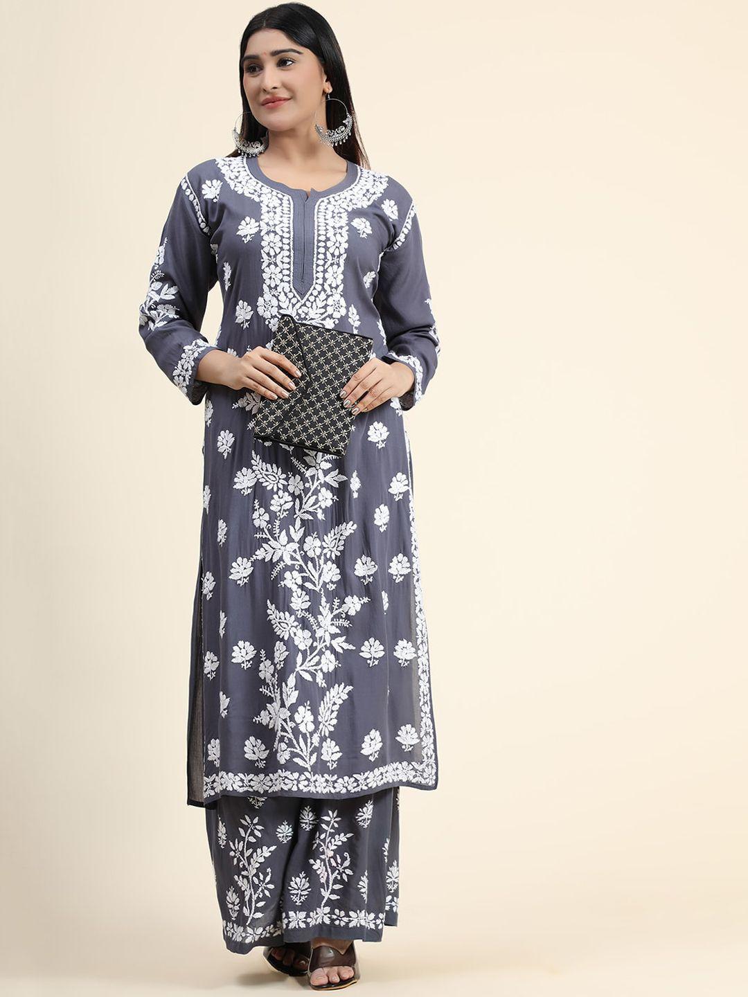 house of kari women floral embroidered chikankari pure cotton kurta with palazzos