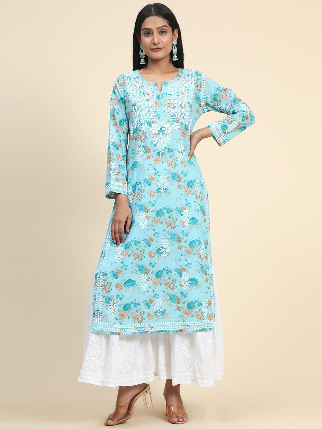 house of kari women floral printed thread work cotton kurta