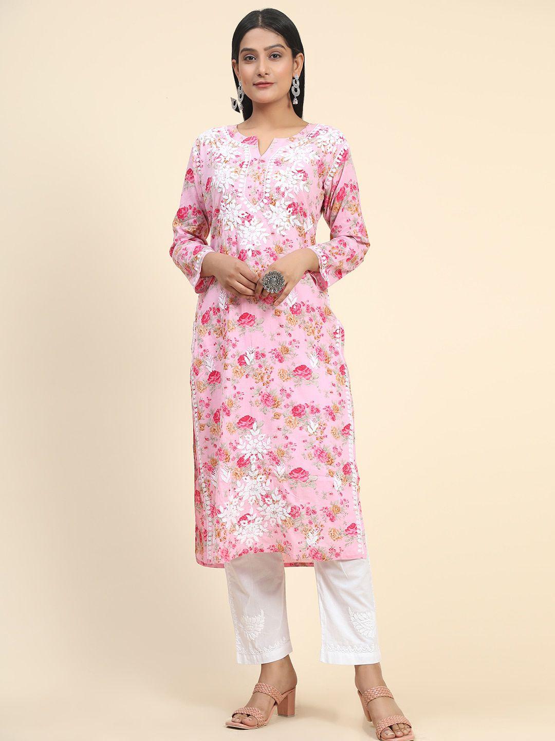 house of kari women floral printed thread work cotton kurta