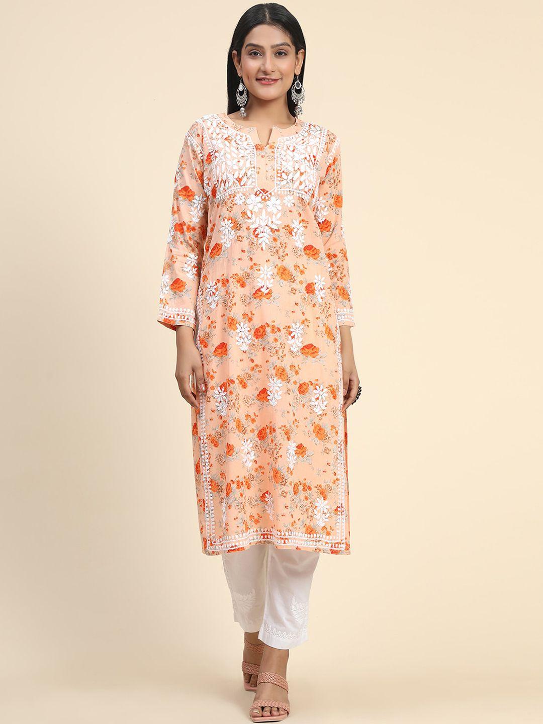 house of kari women floral printed thread work cotton kurta