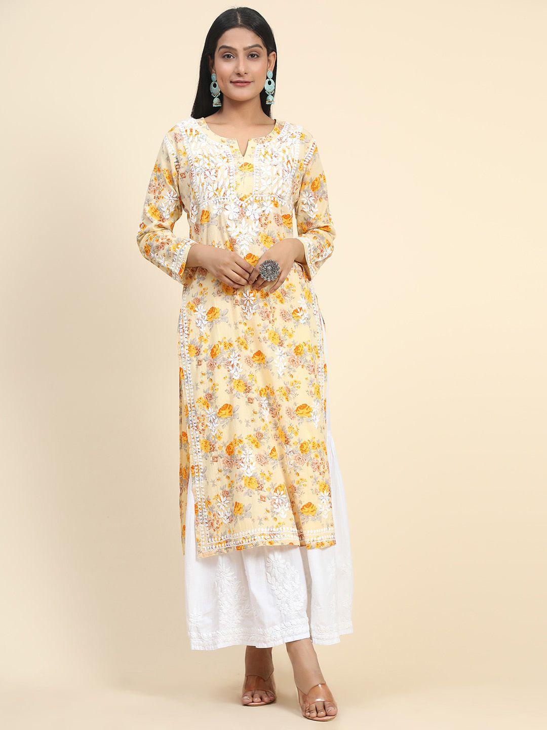 house of kari women floral printed thread work cotton kurta