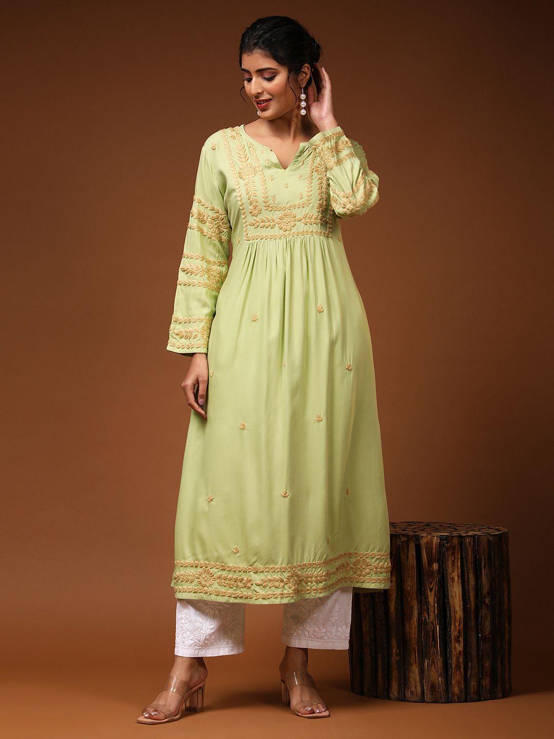 house of kari women green ethnic motifs embroidered thread work anarkali kurta