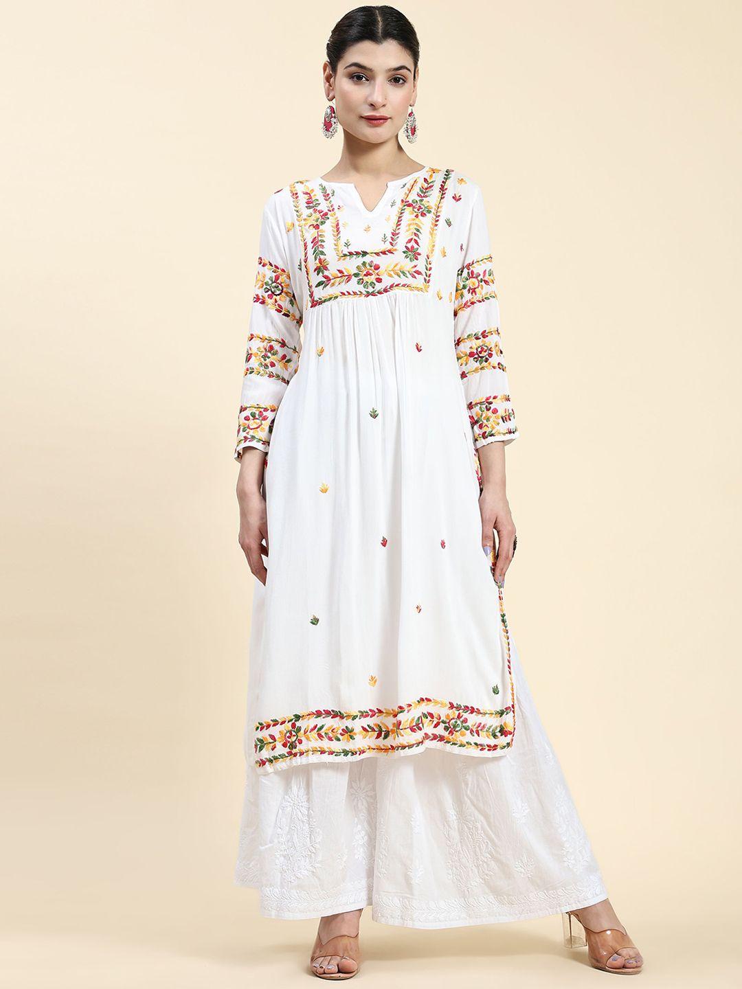 house of kari women multicoloured geometric yoke design flared sleeves handloom kaftan kurta