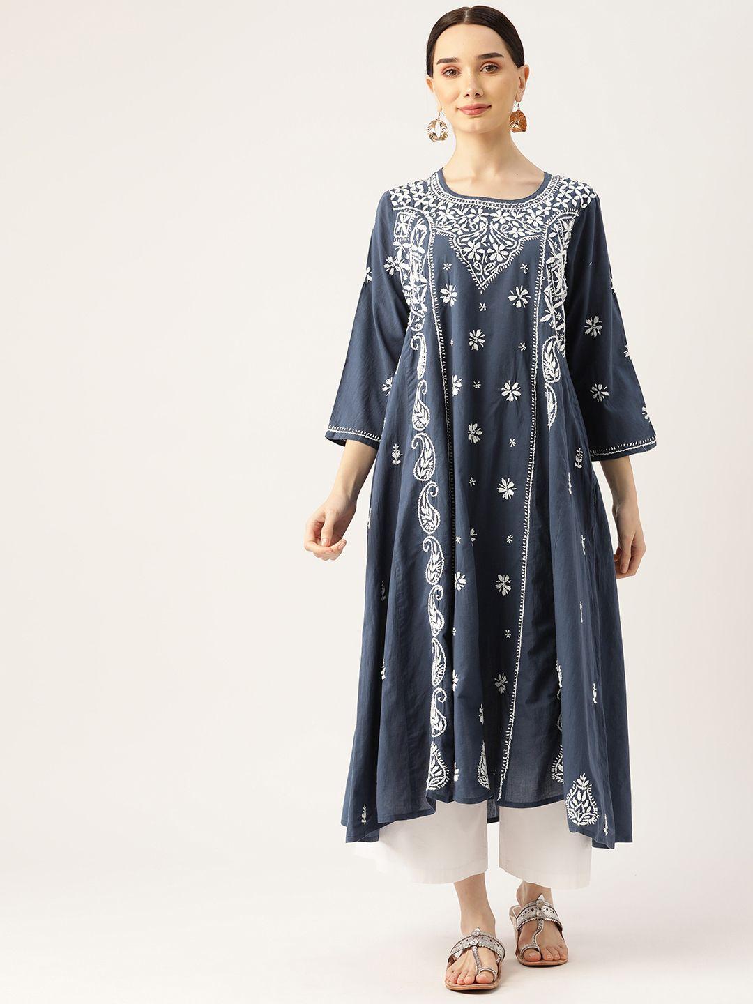 house of kari women navy blue & white ethnic motifs chikankari kurta