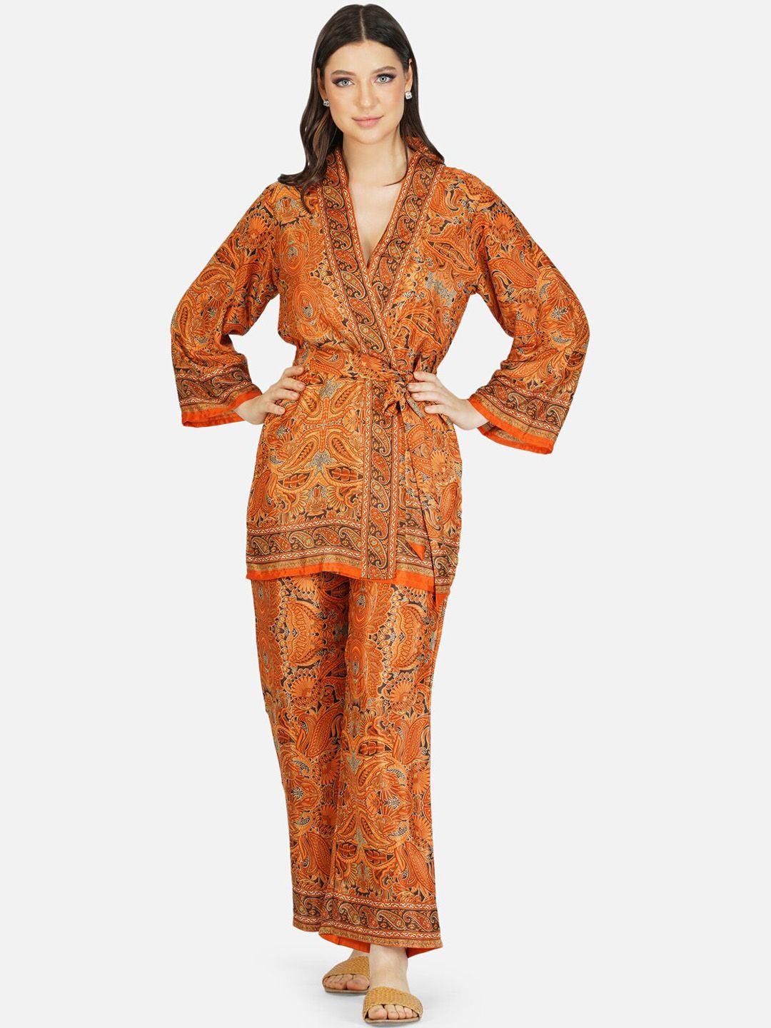 house of kari women orange & brown printed  sleeveless co-ord set