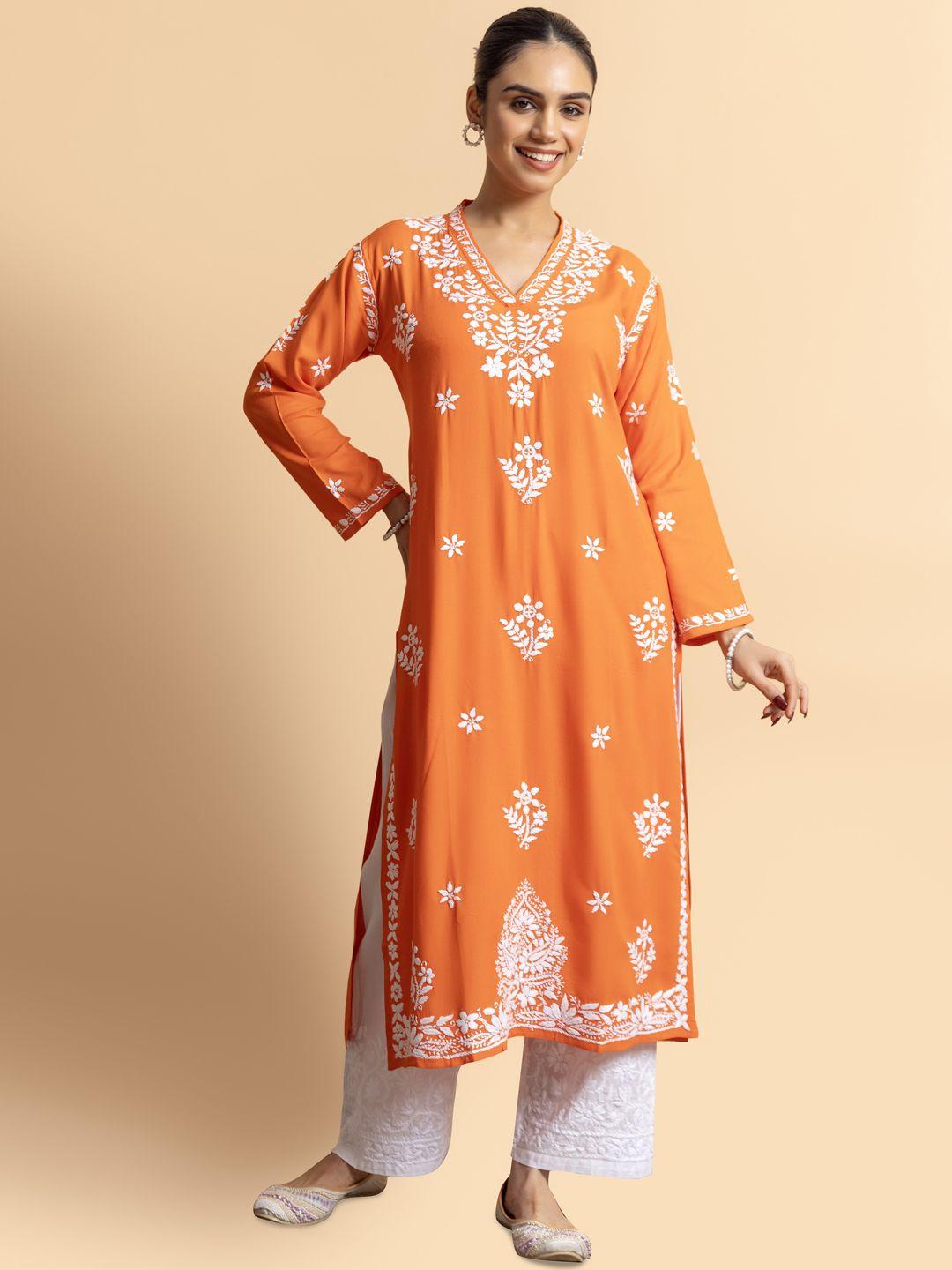 house of kari women orange embroidered kurta