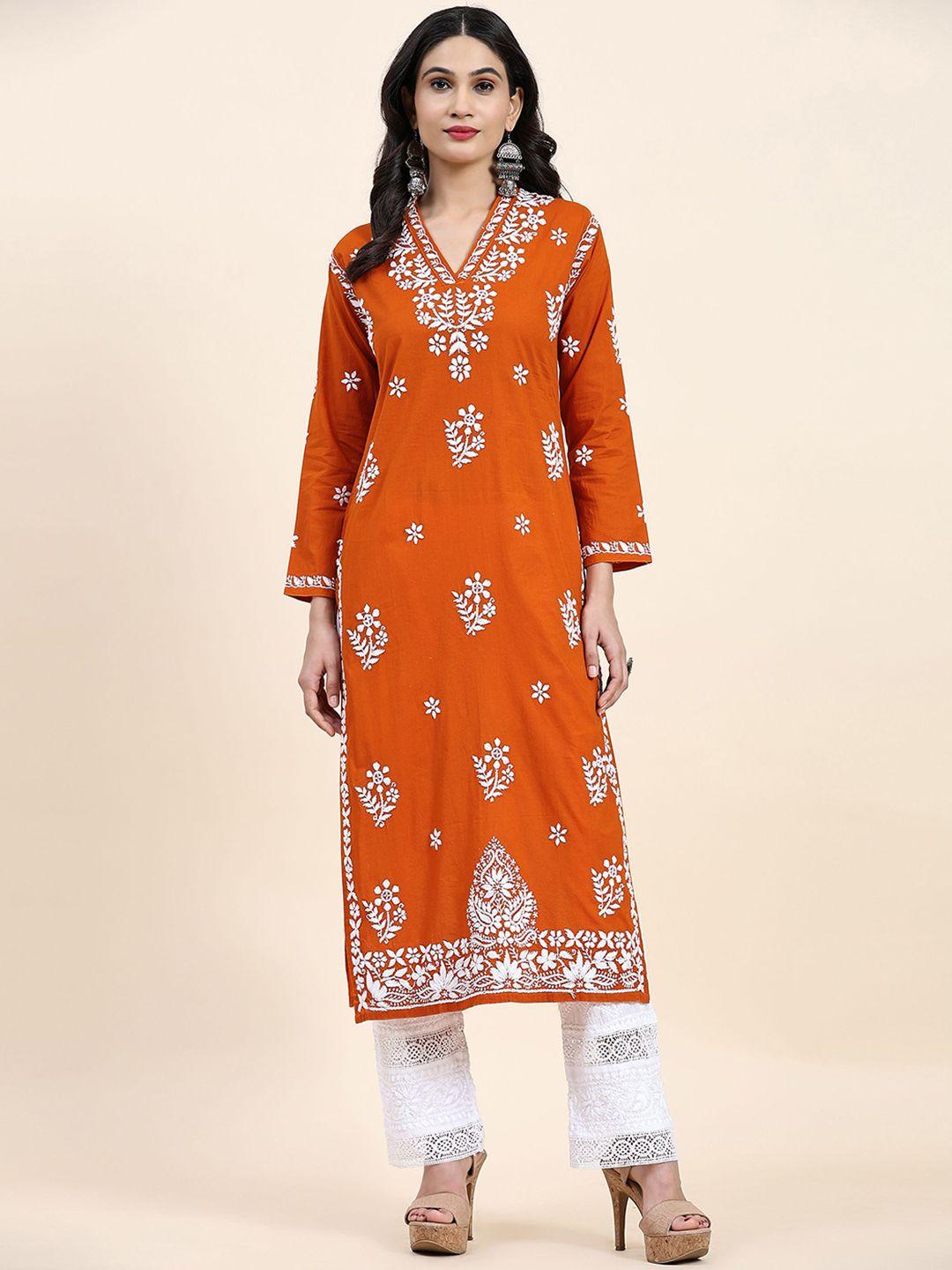 house of kari women orange ethnic motifs striped flared sleeves thread work handloom kurta