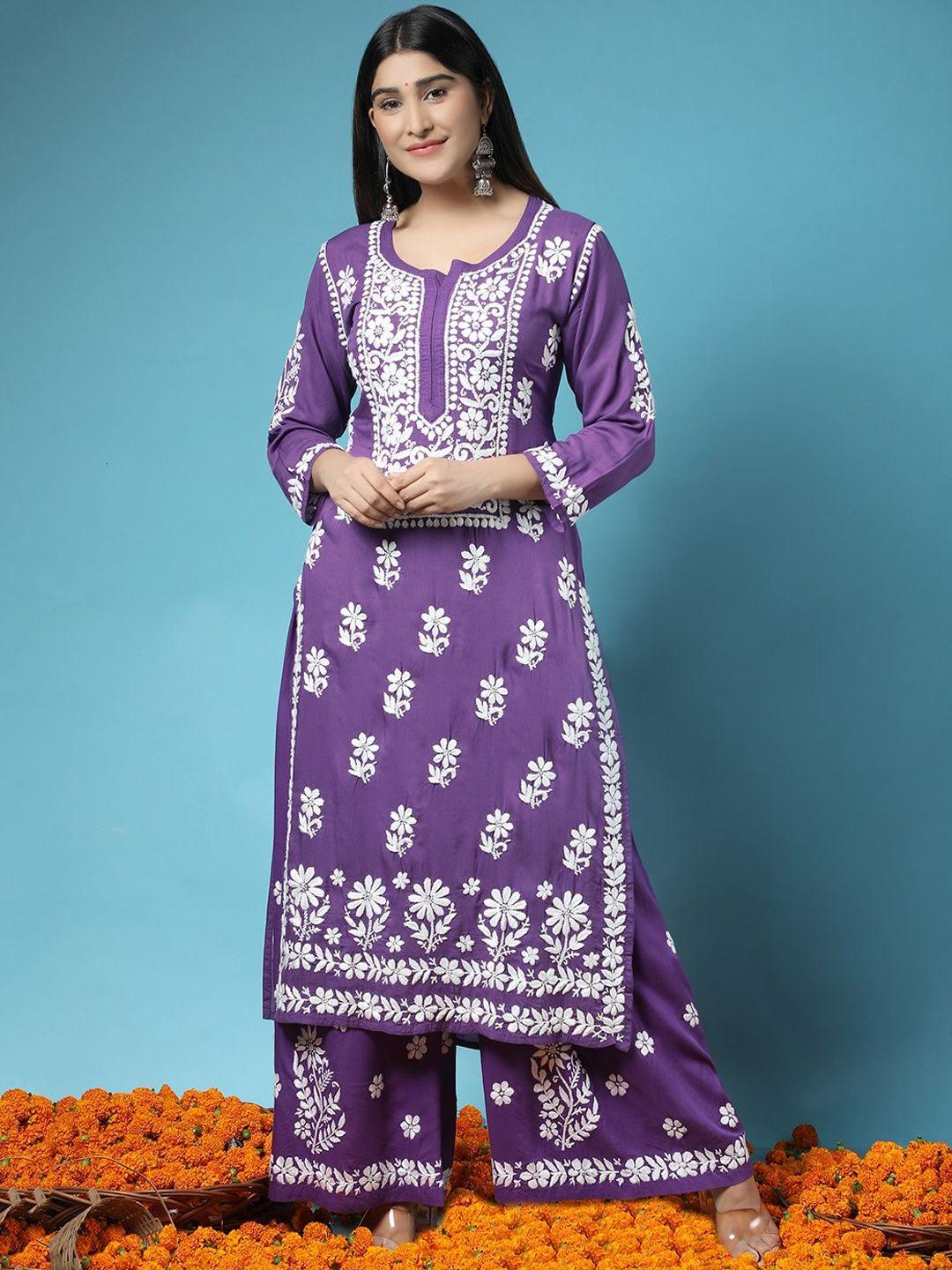 house of kari women purple floral embroidered chikankari pure cotton kurta with palazzos