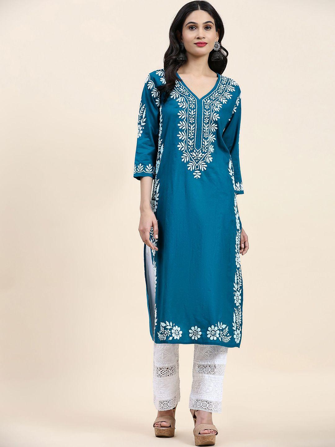 house of kari women turquoise blue ethnic motifs thread work handloom kurta