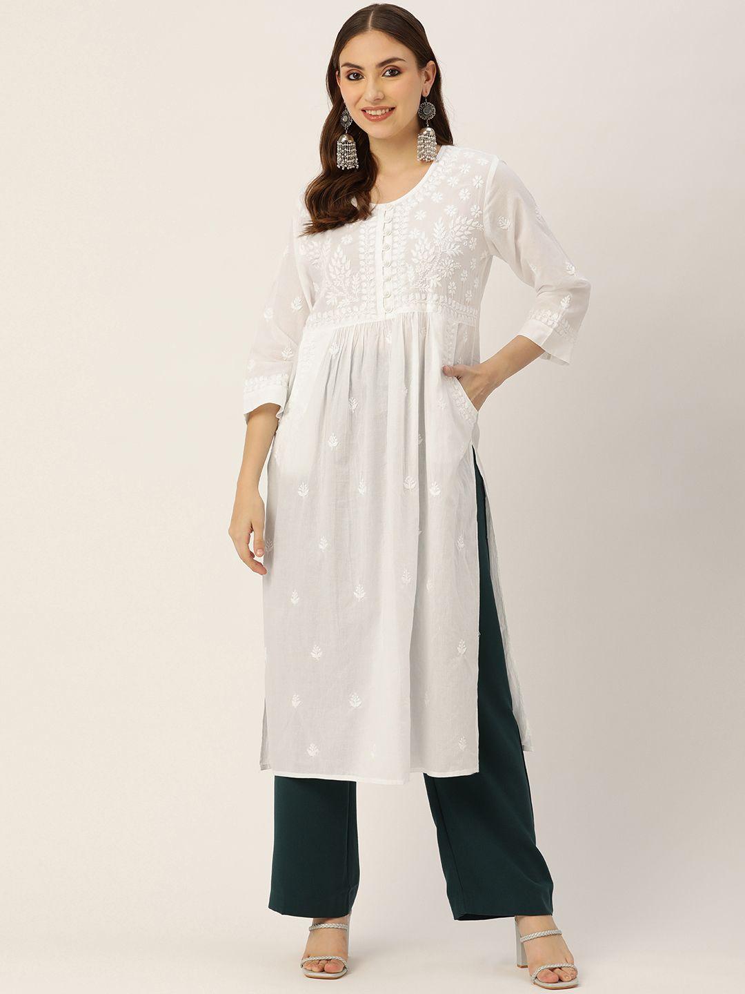 house of kari women white cotton chikankari embroidered kurta