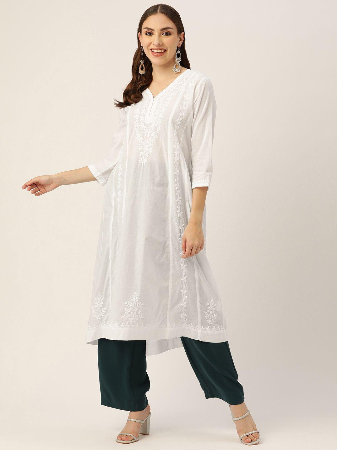 house of kari women white cotton chikankari embroidered kurta