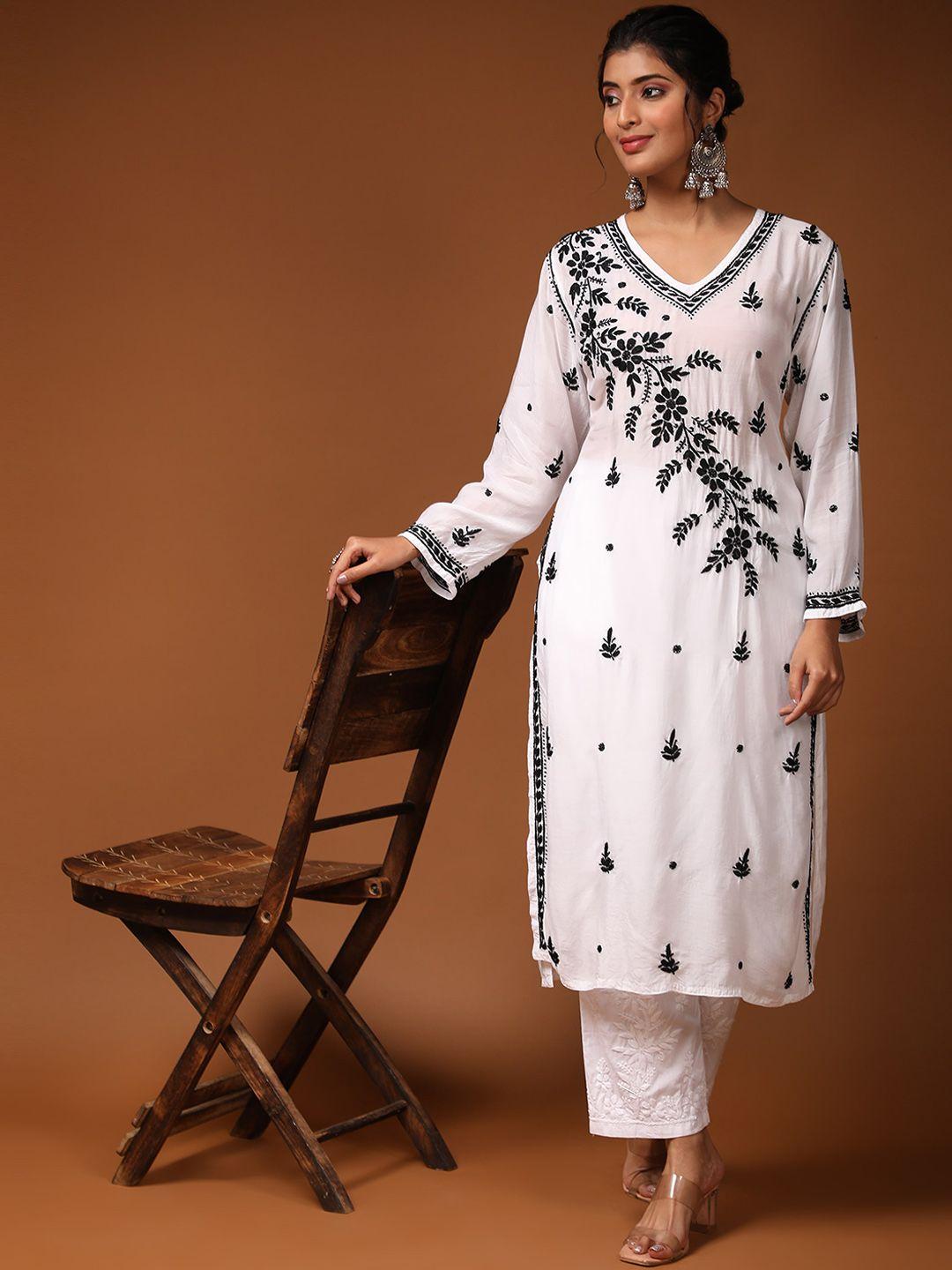 house of kari women white floral embroidered flared sleeves thread work kurta