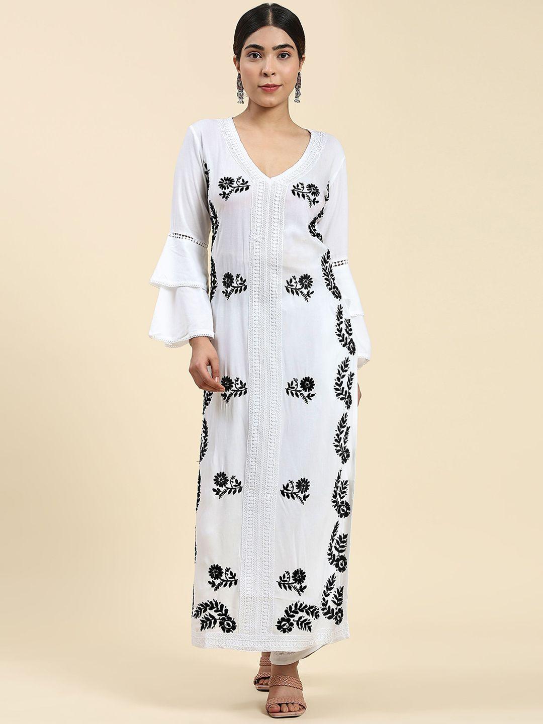 house of kari women white floral printed mirror work handloom kurta