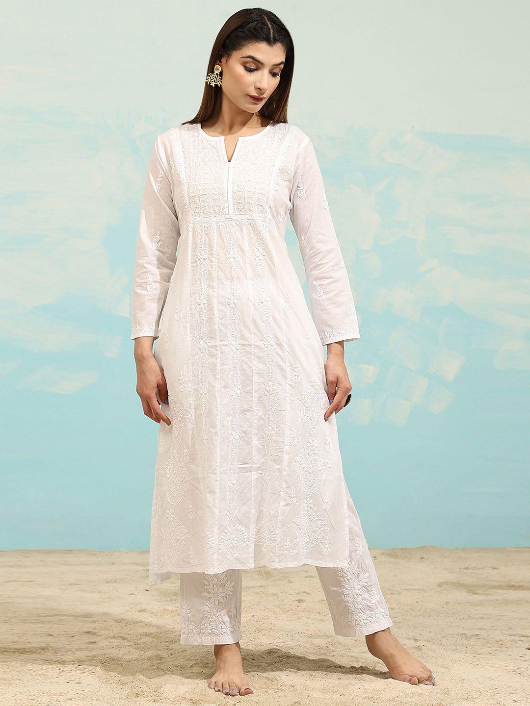 house of kari women white keyhole neck flared sleeves chikankari anarkali kurta