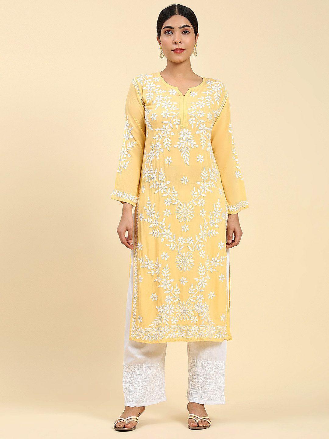 house of kari women yellow ethnic motifs embroidered keyhole neck flared sleeves chikankari handloom kurta