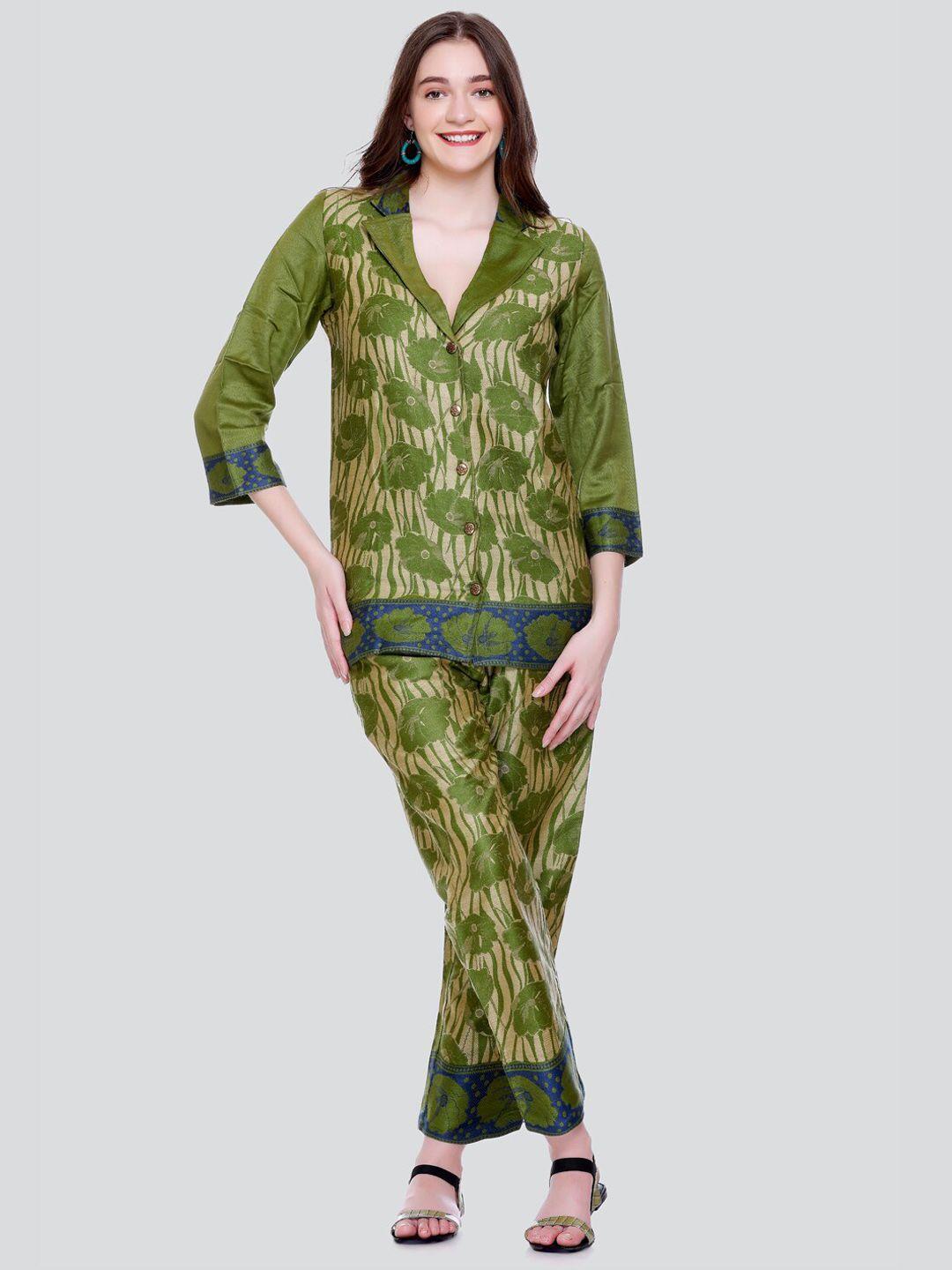 house of kirna's with logo of hok floral printed acrylic tunic & trouser