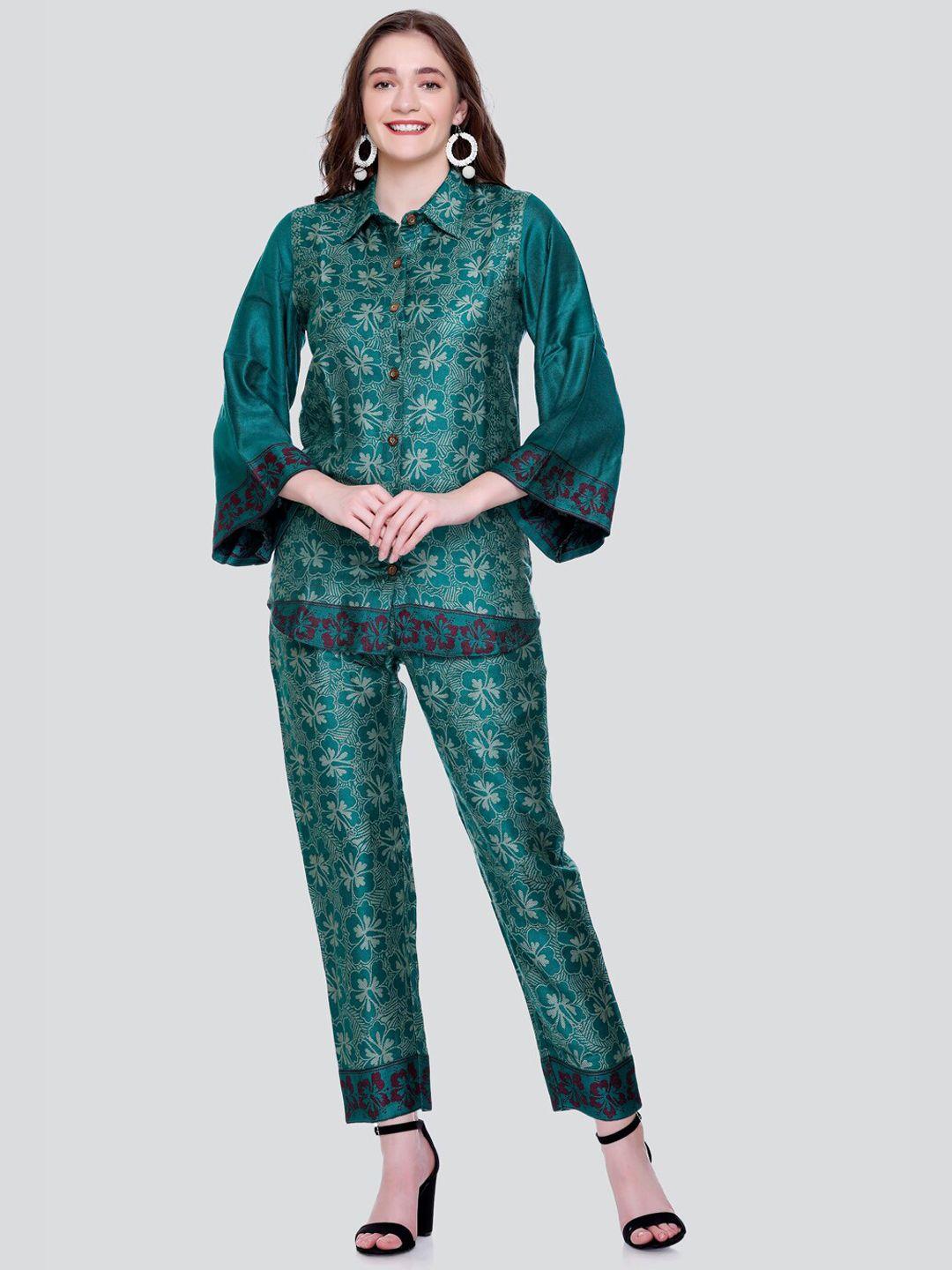 house of kirna's with logo of hok floral printed shirt collar tunic & trouser