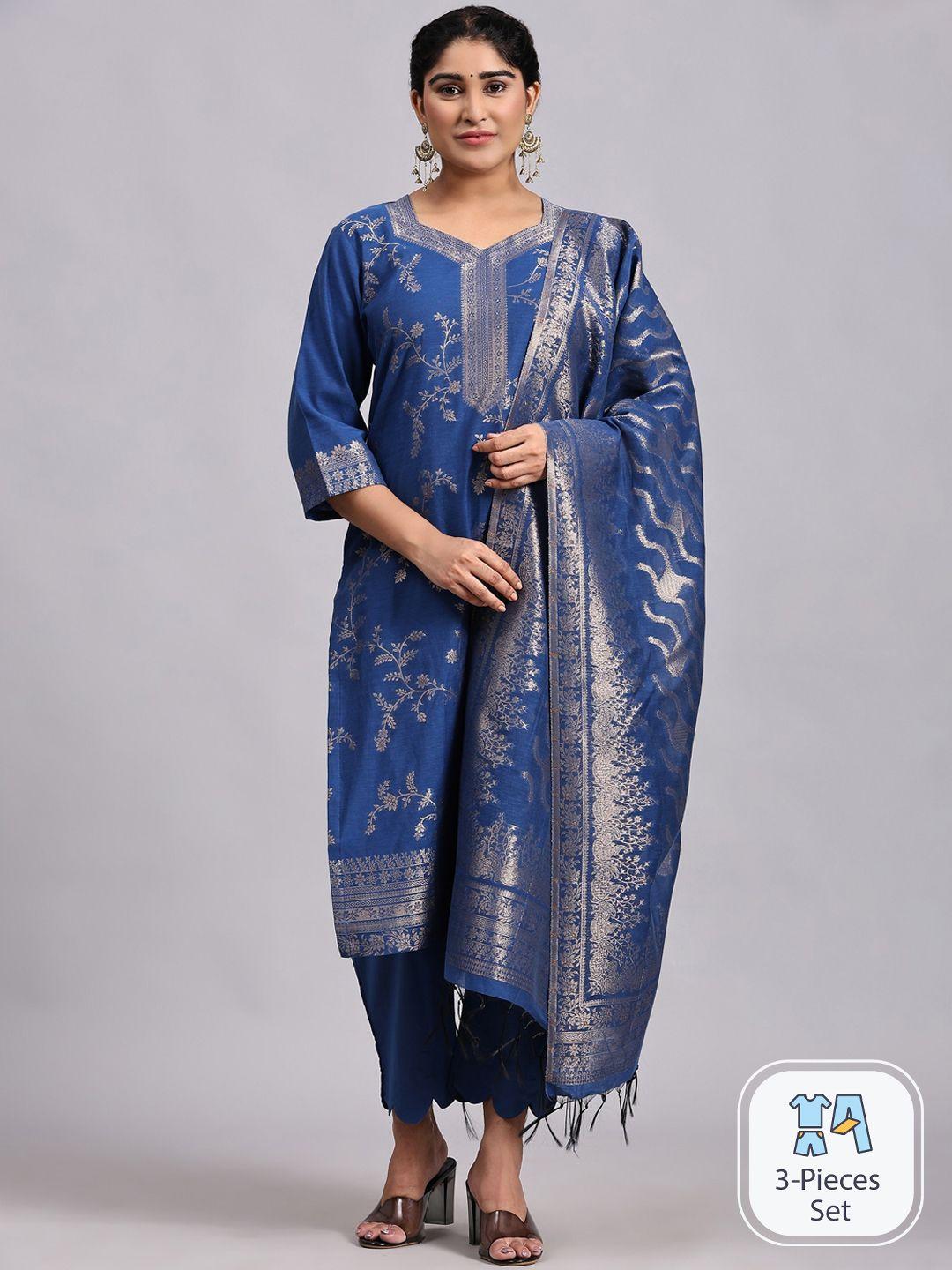 house of kirna's with logo of hok women blue ethnic motifs regular pure cotton kurta with palazzos & with