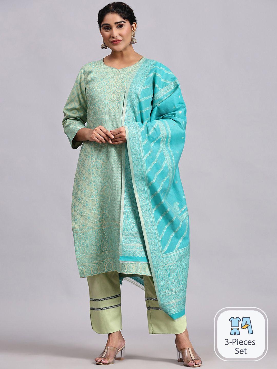 house of kirna's with logo of hok women green ethnic motifs regular pure cotton kurta with palazzos & with
